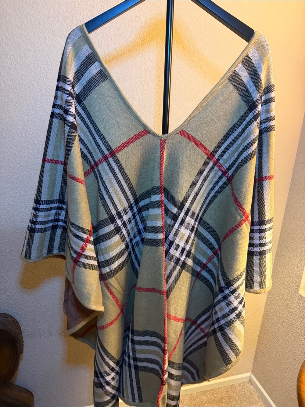 Plaid V-Neck Women's Poncho Sweater